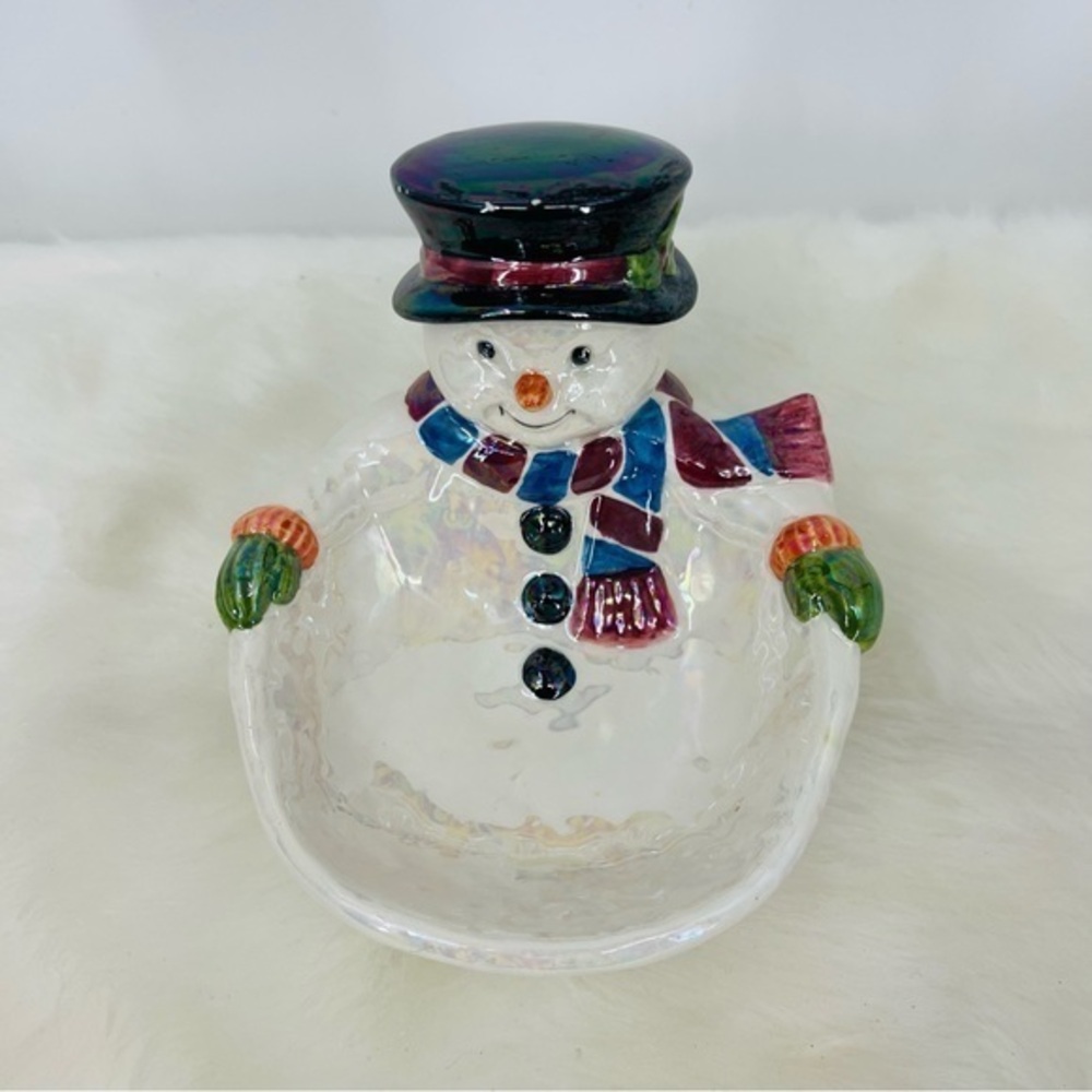 Iridescent Ceramic Snowman Candy Dish Holiday Winter Decor Pearlescent‎ Bowl
